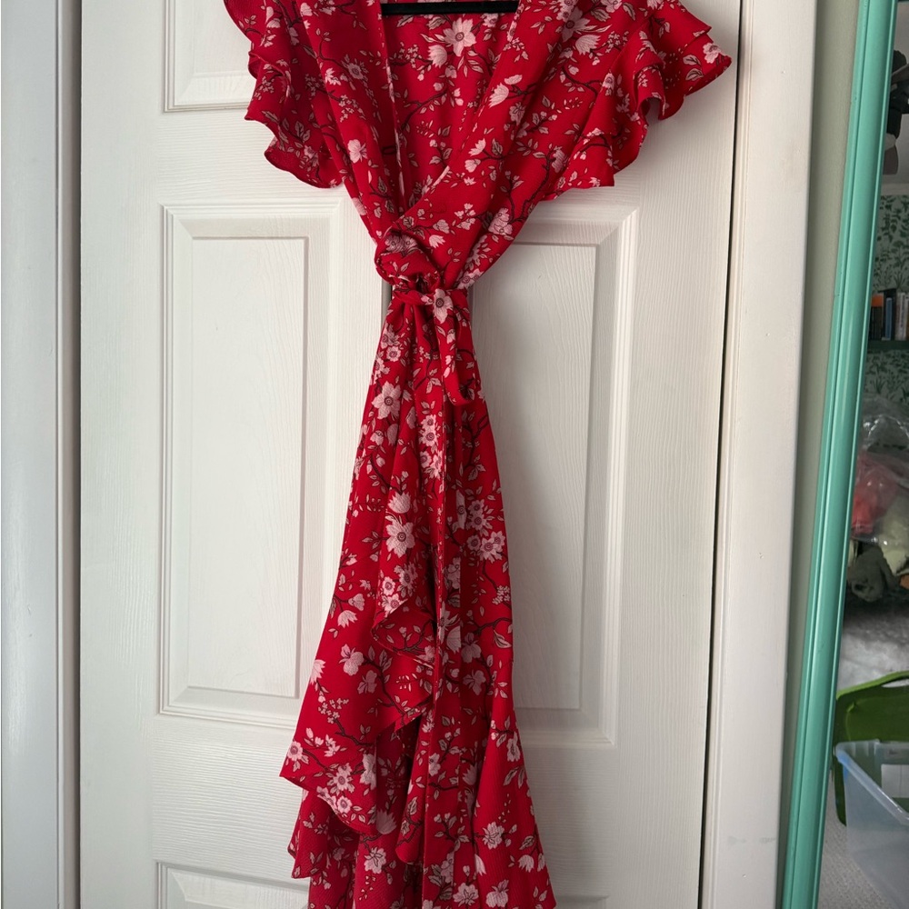 Max Studio Red Floral Wrap Knot-Front Maxi Dress